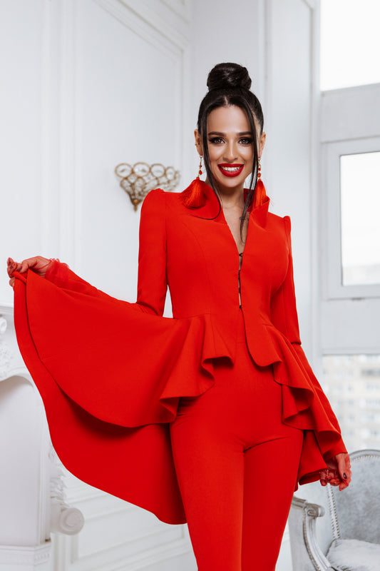 Red Peplum Pantsuit With Skinny Pants