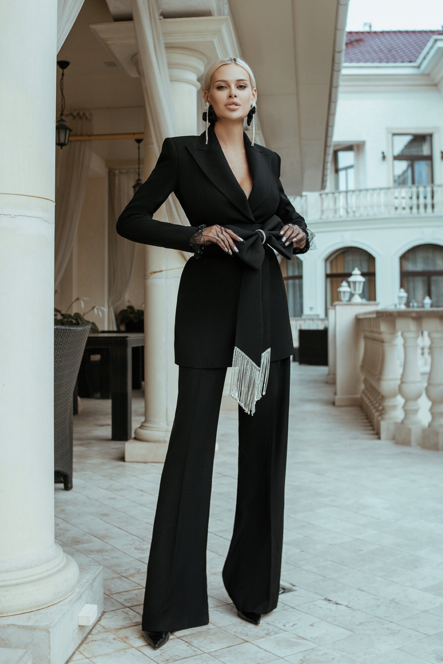 Black 2-Piece Formal Pantsuit Decorated With Rhinestones