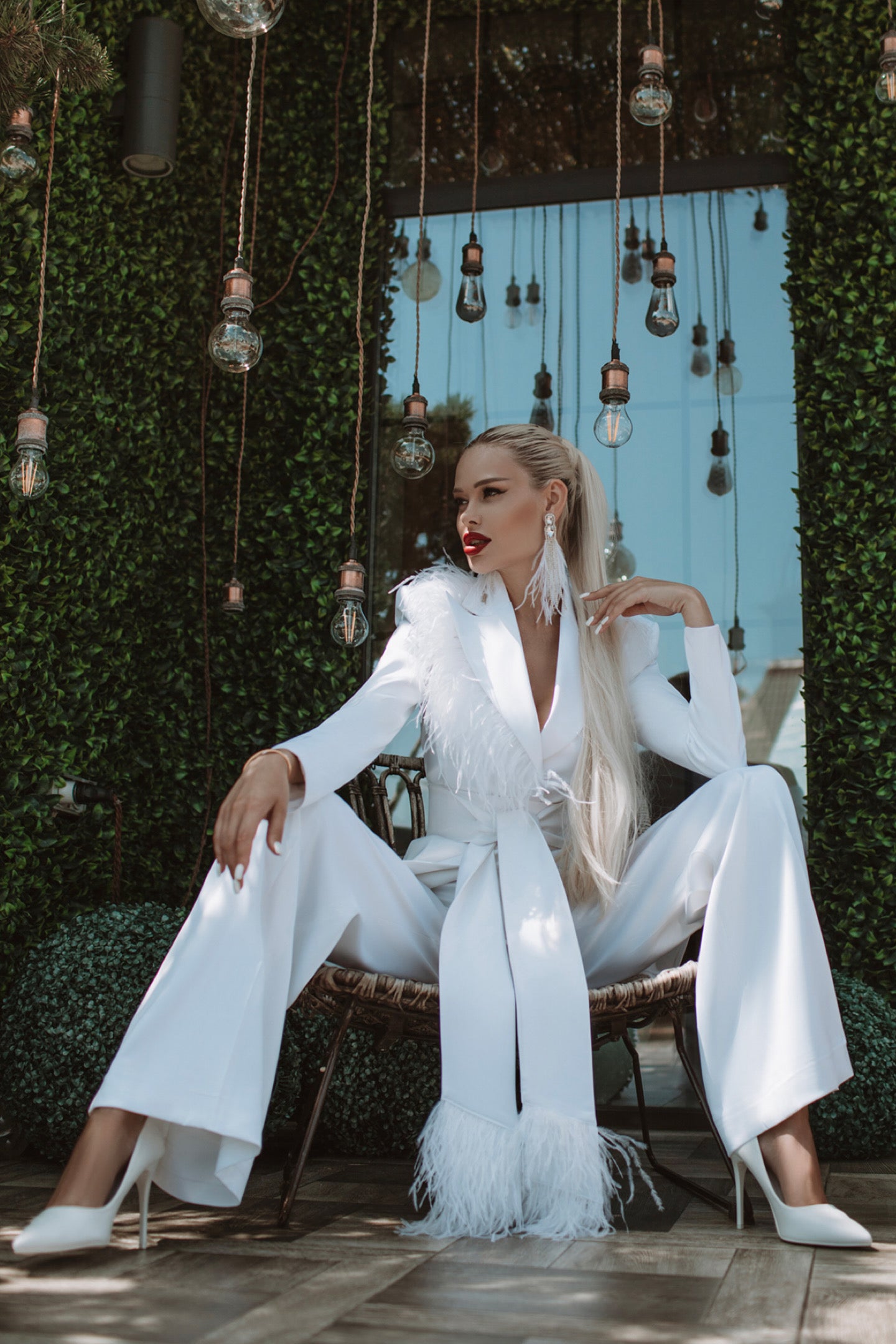 White Satin Oversized Pantsuit With Feathers.