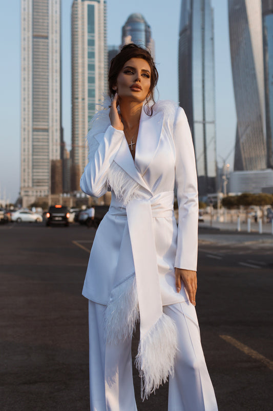 White Satin Oversized Pantsuit With Feathers.
