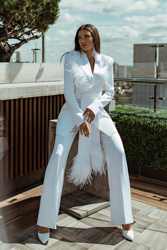 White Satin Oversized Pantsuit With Feathers.