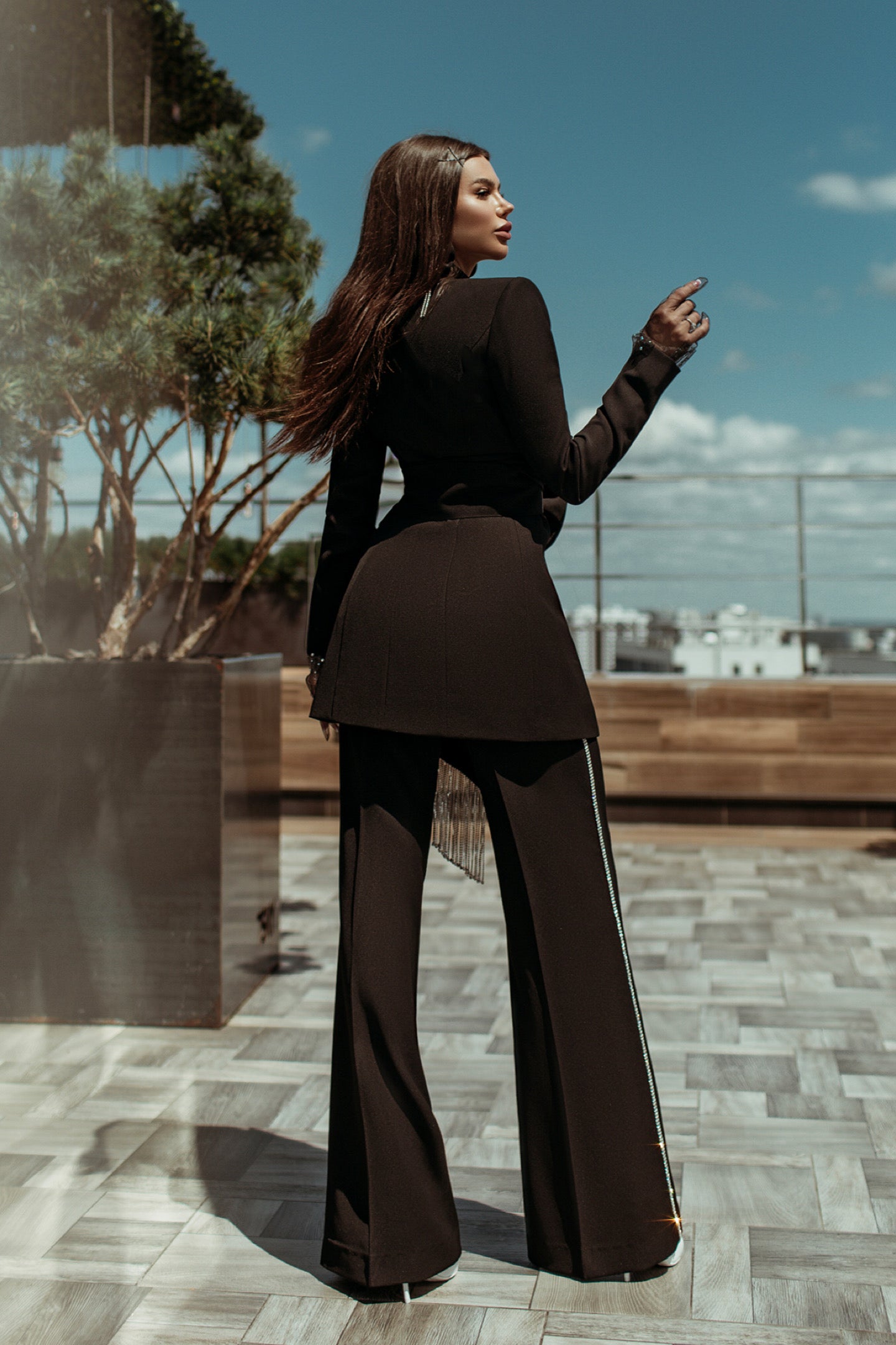 Black 2-Piece Formal Pantsuit Decorated With Rhinestones