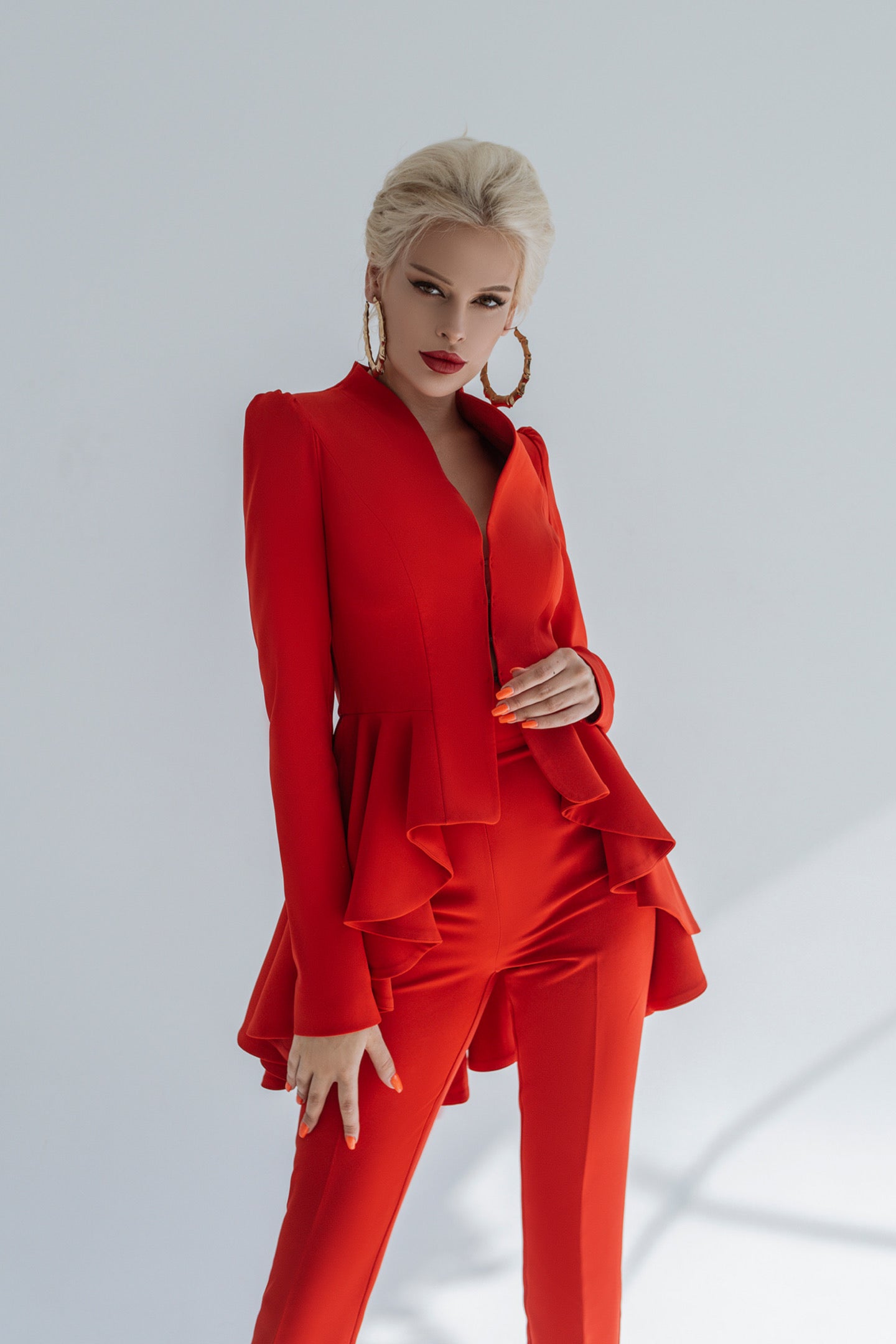 Red Peplum Pantsuit With Skinny Pants