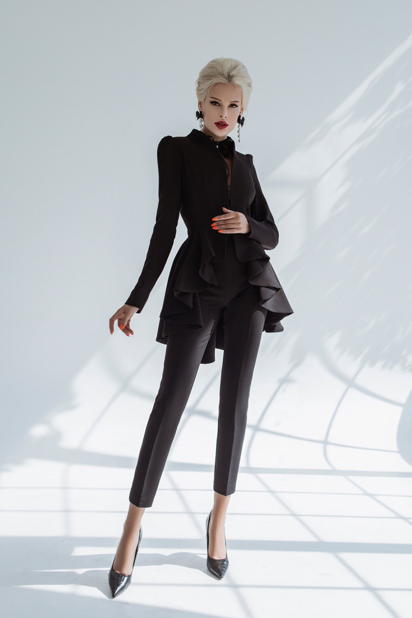 Black Peplum Pantsuit With Skinny Pants