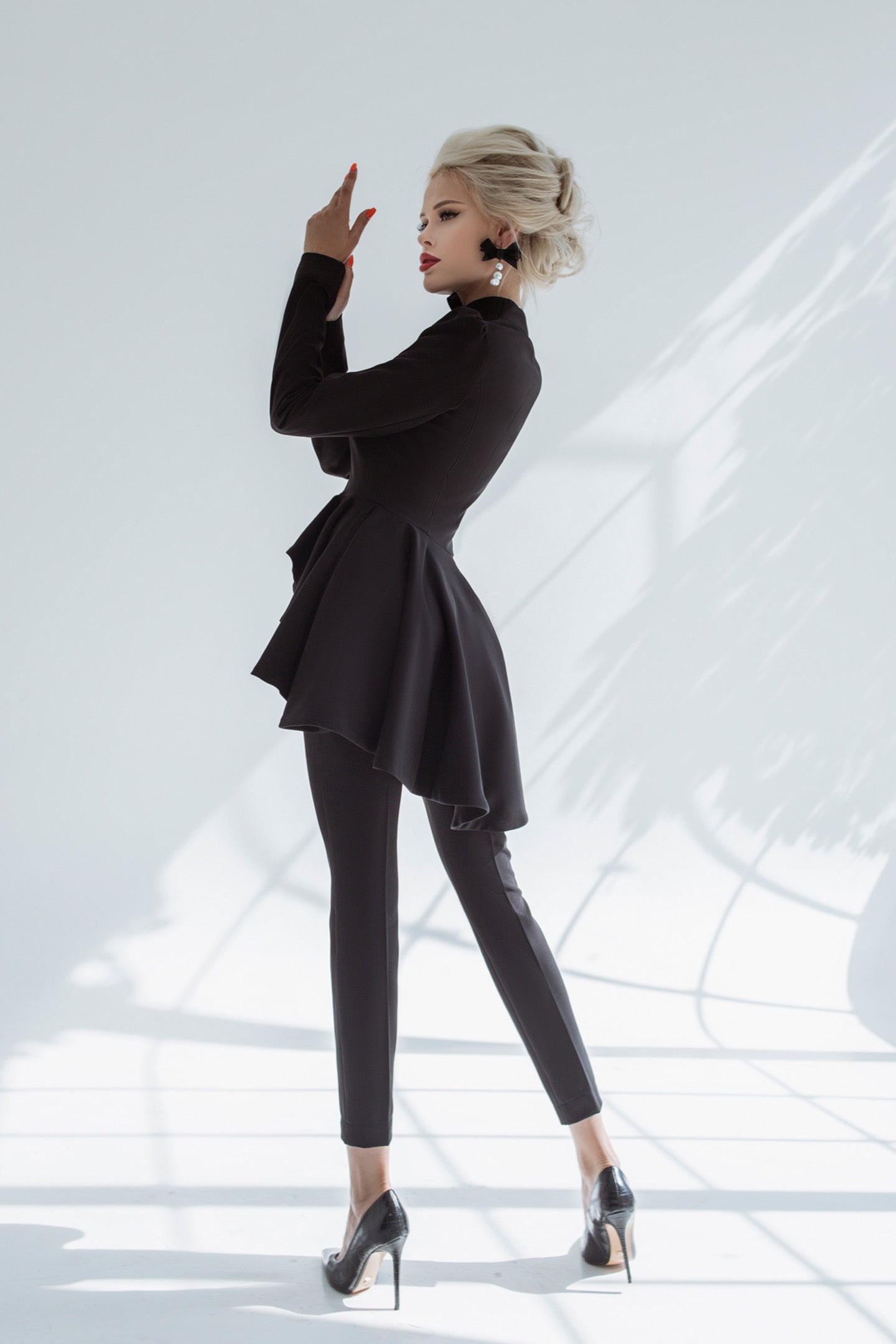 Black Peplum Pantsuit With Skinny Pants