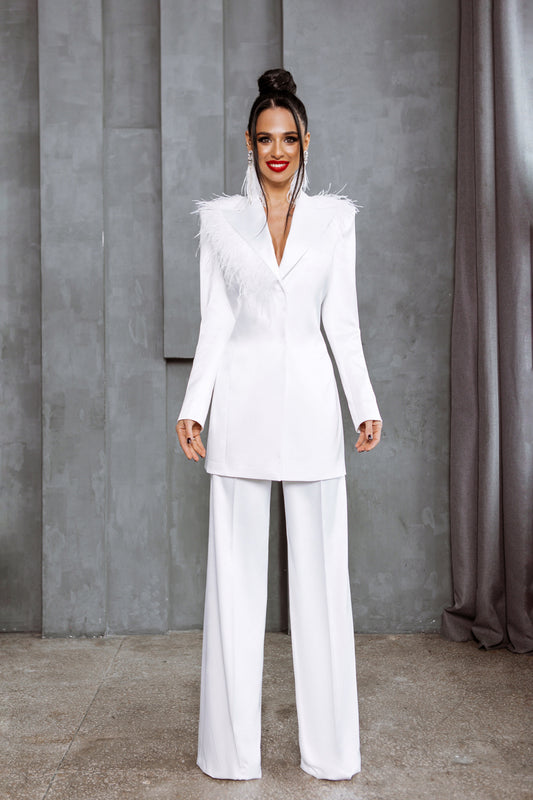 White Satin Oversized Pantsuit With Feathers.
