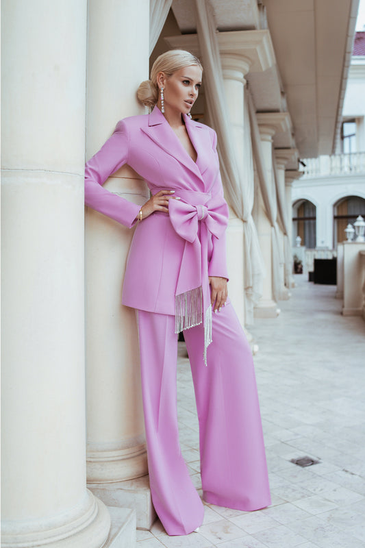 Pink 2-Piece Formal Pantsuit Decorated With Rhinestones