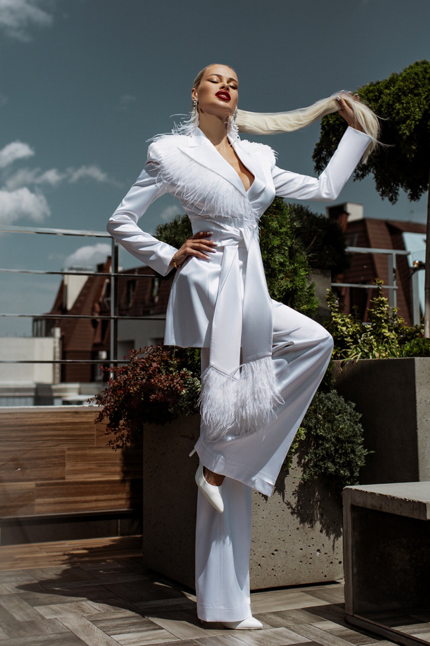 White Satin Oversized Pantsuit With Feathers.
