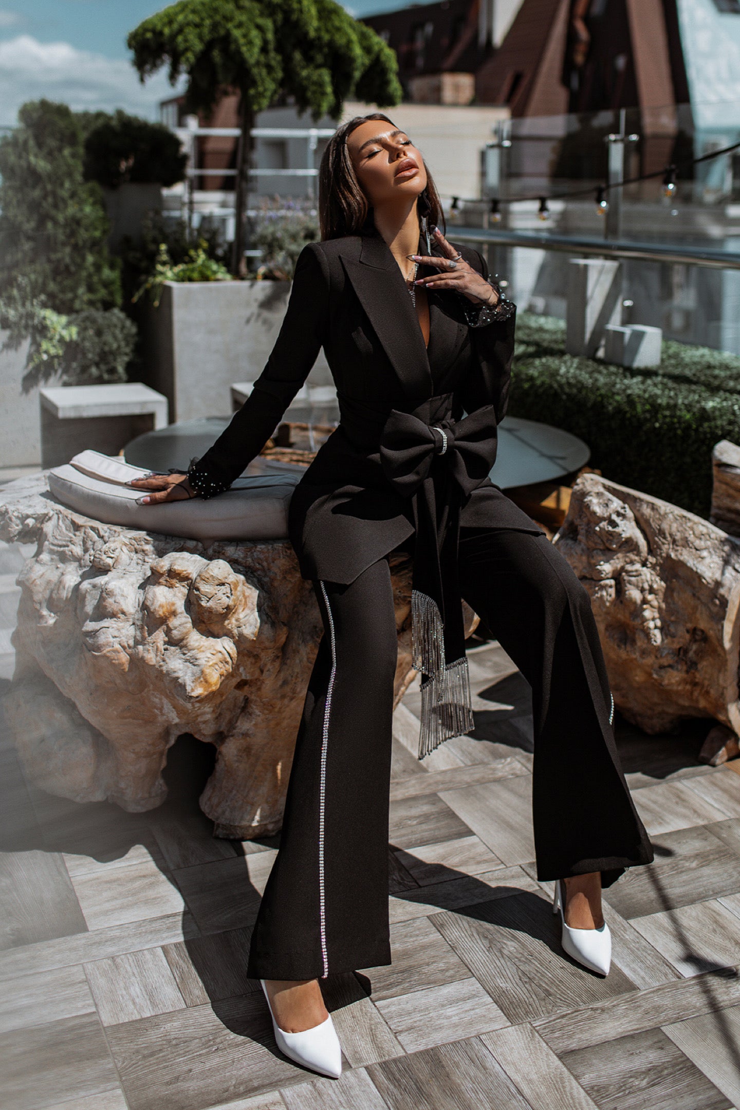 Black 2-Piece Formal Pantsuit Decorated With Rhinestones L With Crystals / Black / EE Black 2-Piece Formal Pantsuit Decorated With Rhinestones L With Crystals / Black / EE