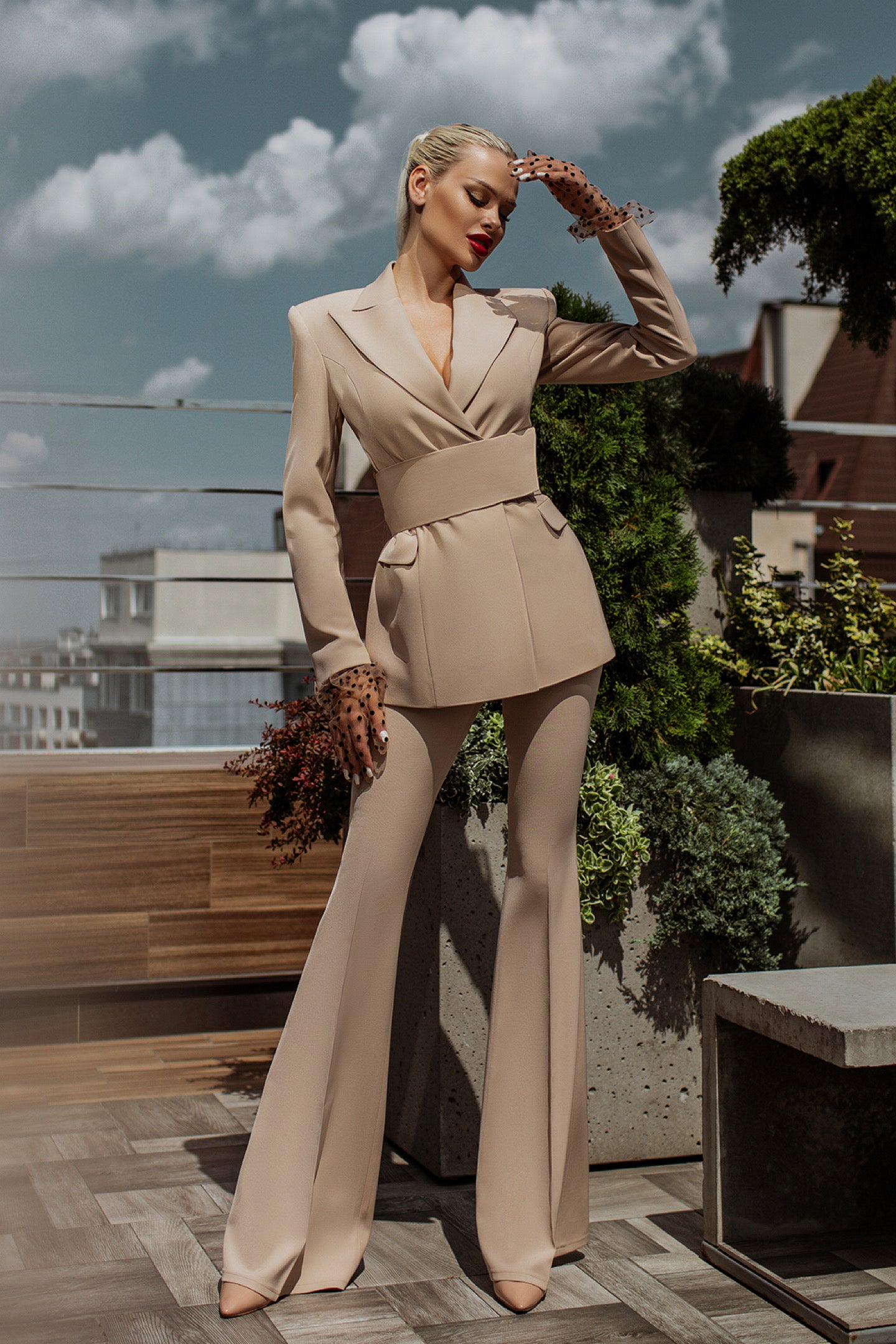 Beige 2-Piece Formal Flared Pantsuit