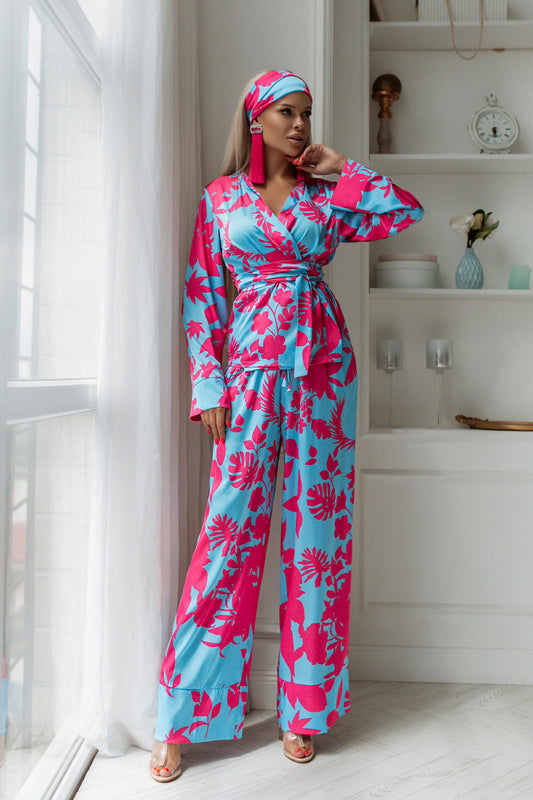 Blue & Crimson Print Summer Oversized Silk Pajama Suit