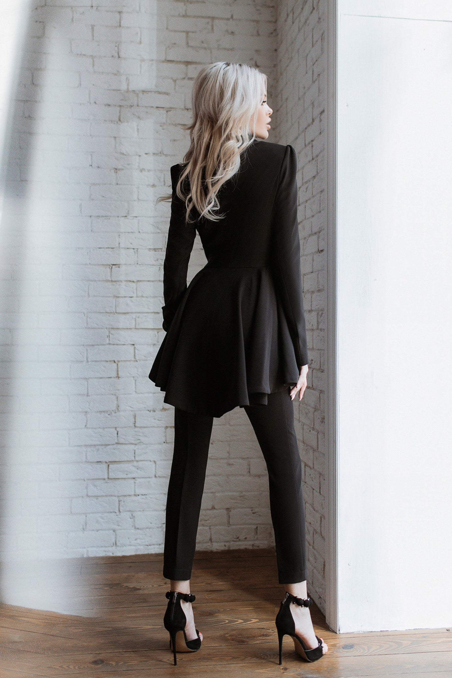 Black Peplum Pantsuit With Skinny Pants