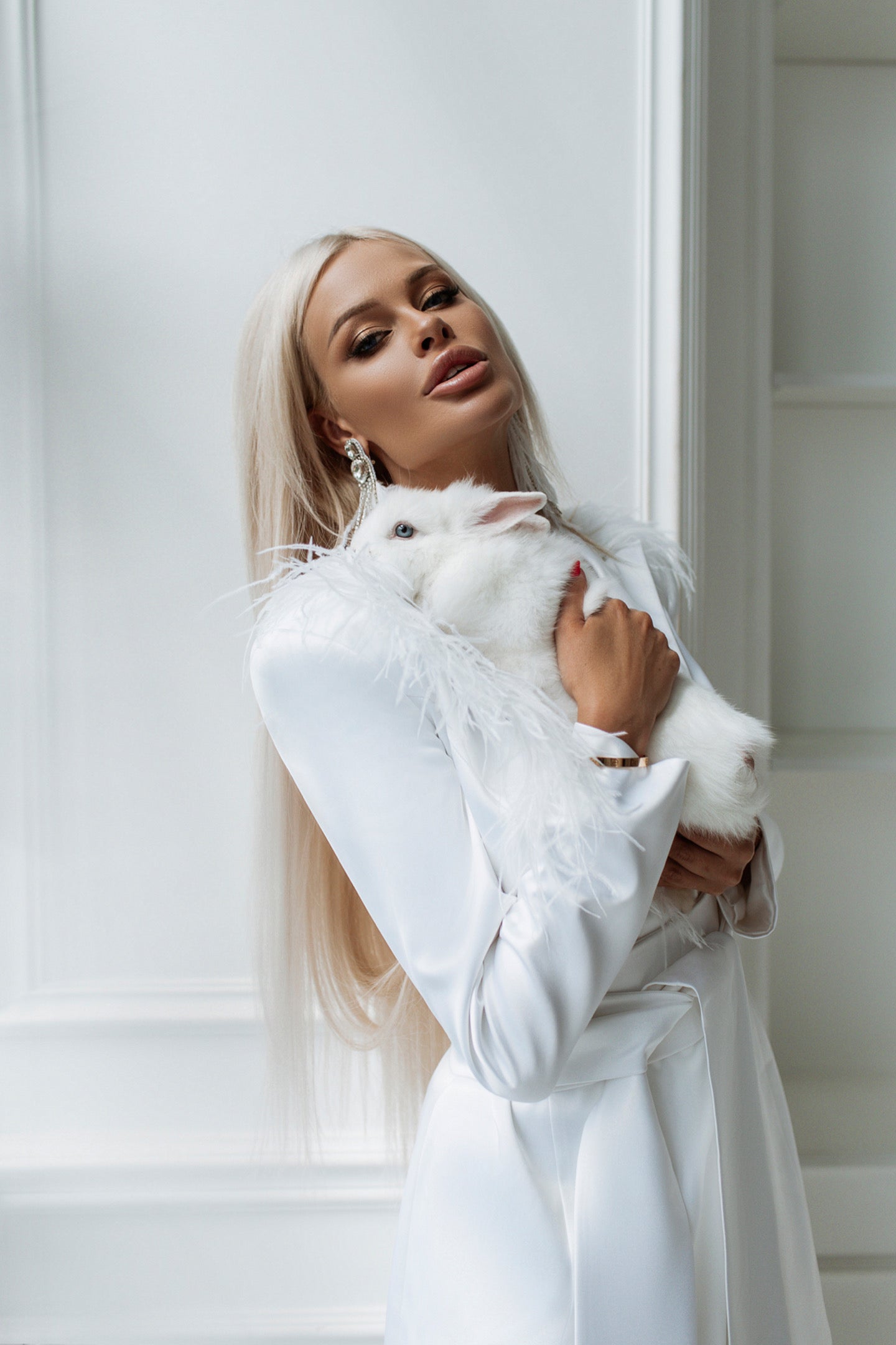 White Satin Oversized Pantsuit With Feathers.