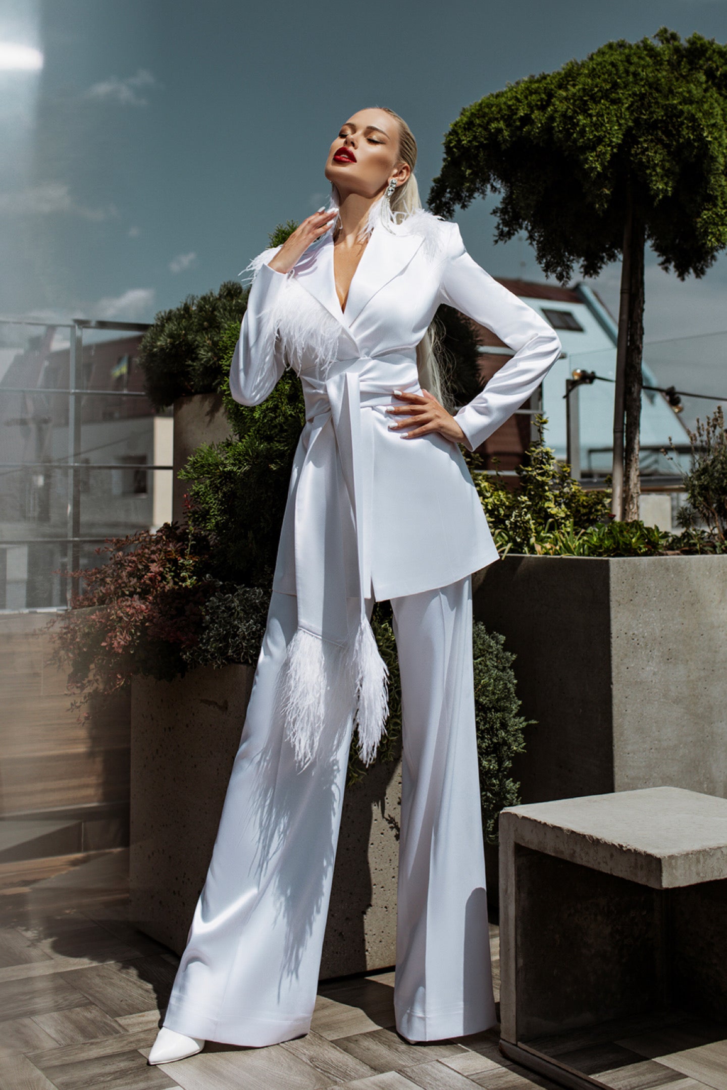 White Satin Oversized Pantsuit With Feathers.