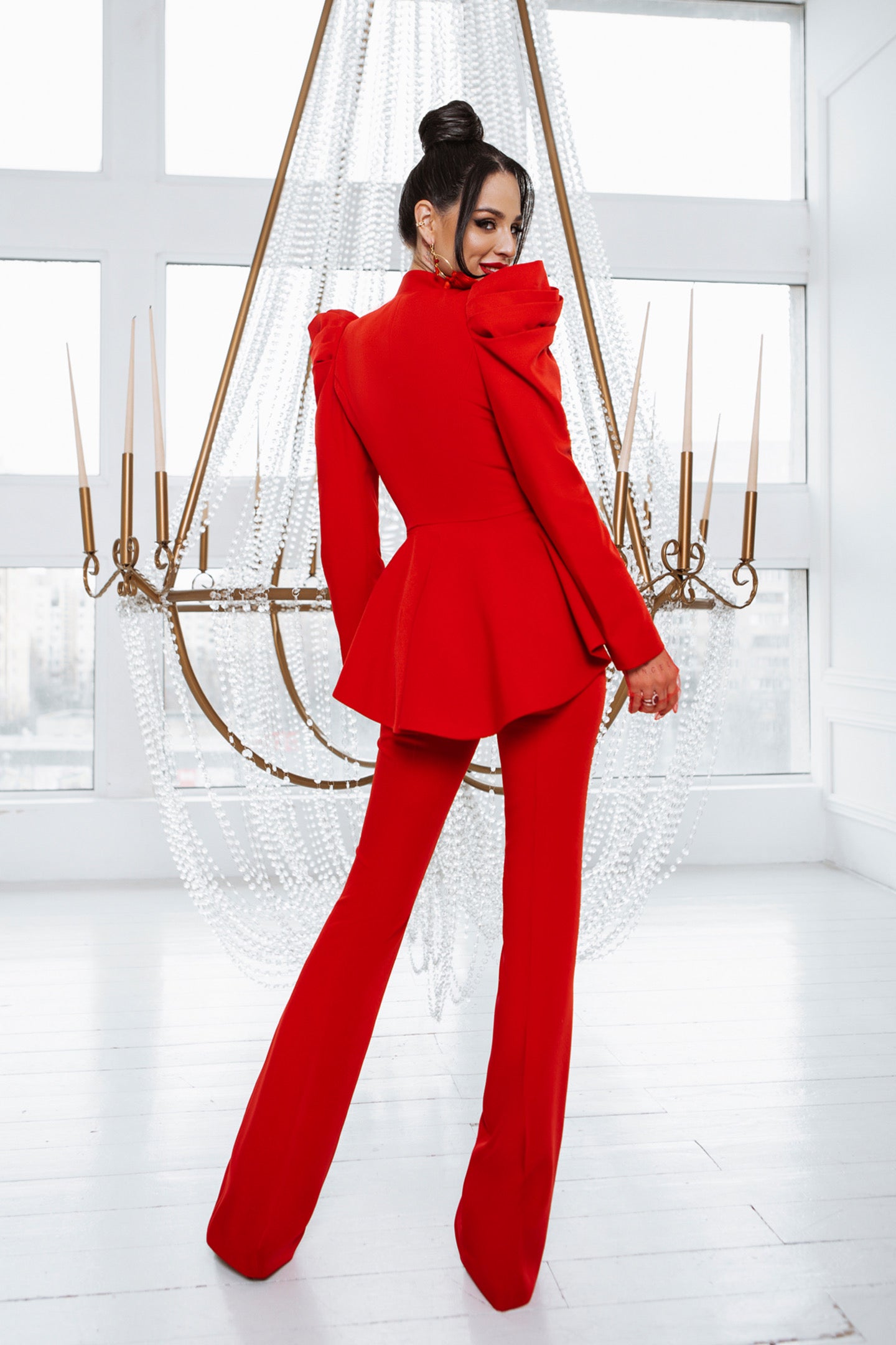 Red 2-Piece Peplum Formal Flared Pantsuit