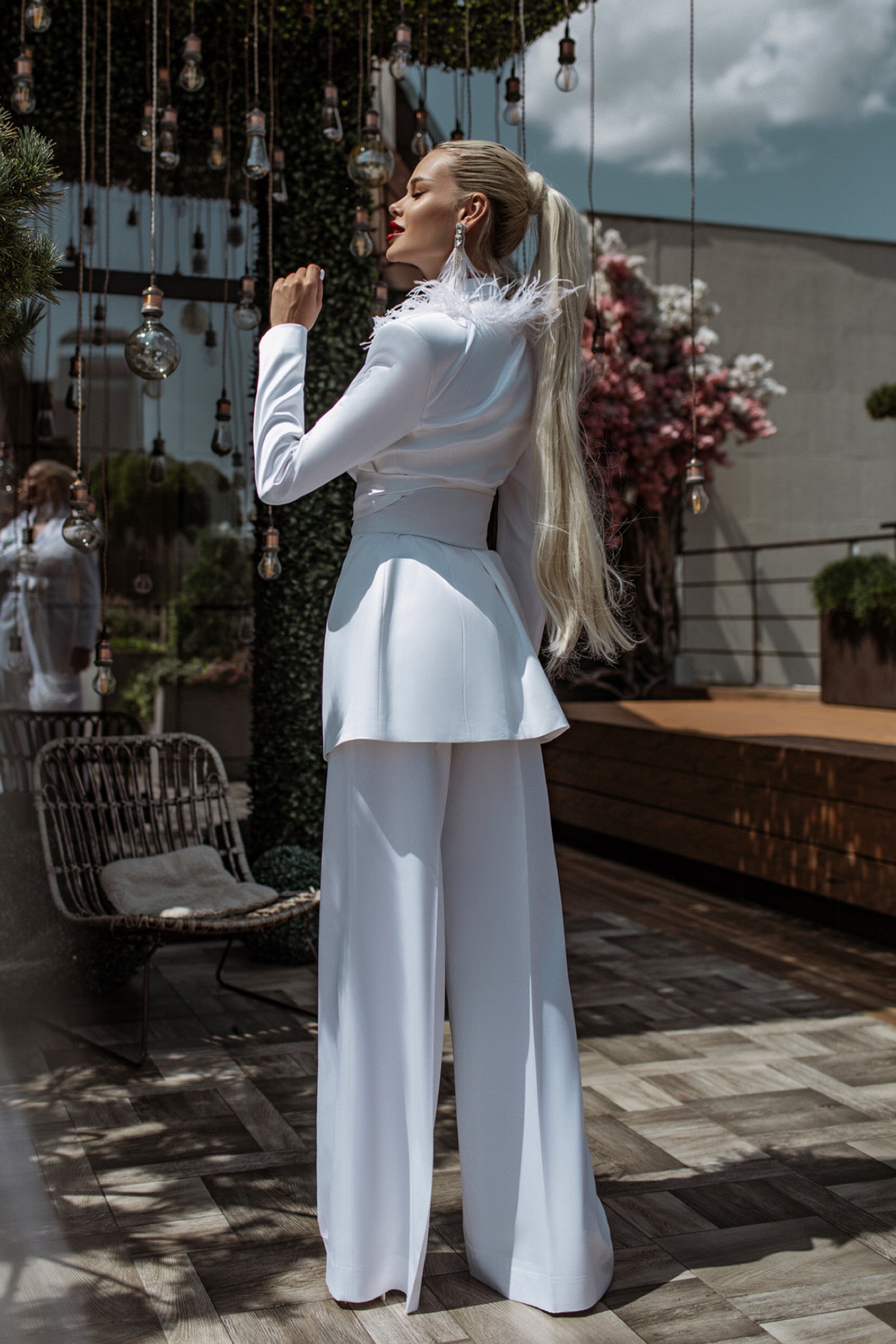 White Satin Oversized Pantsuit With Feathers.
