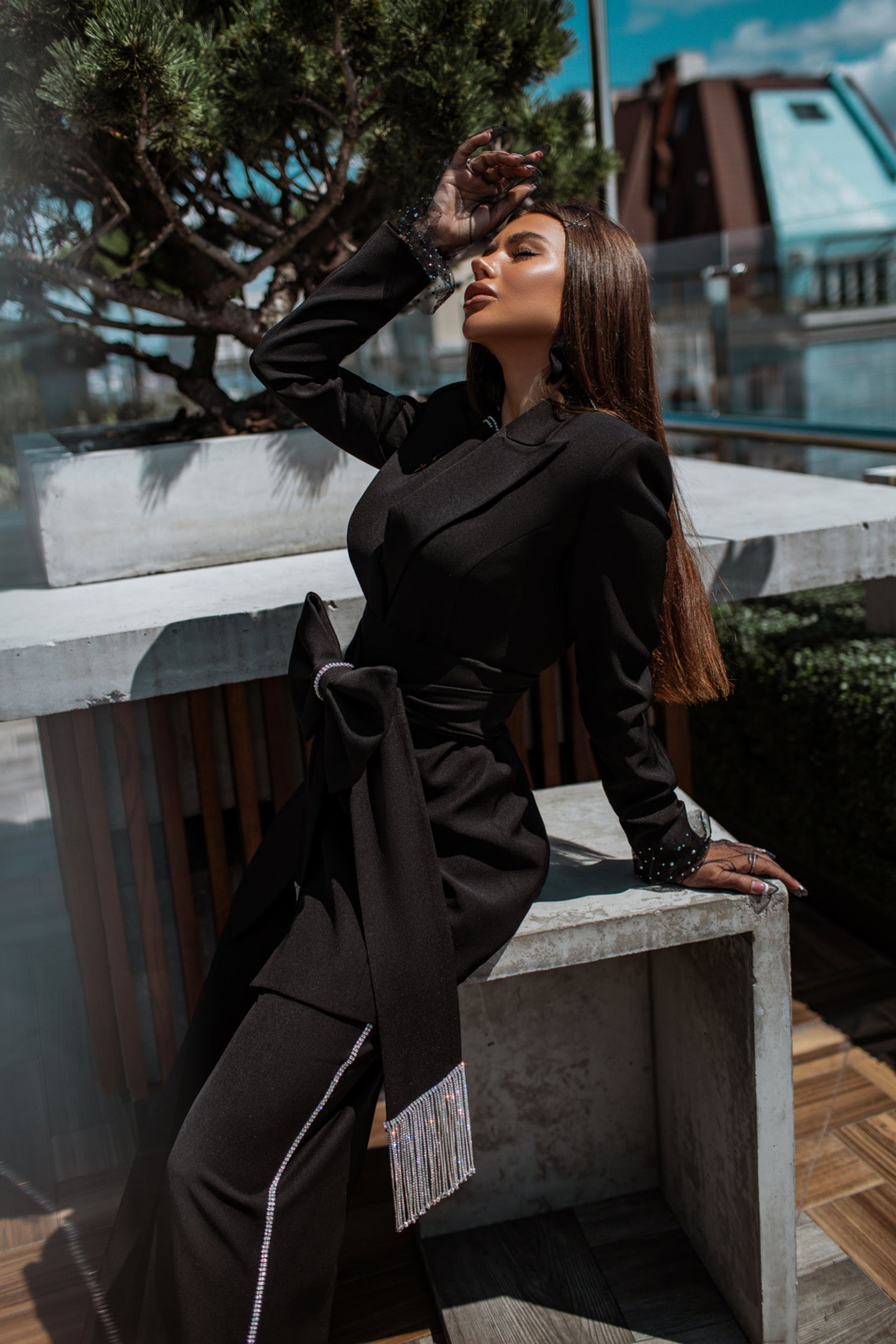 Black 2-Piece Formal Pantsuit Decorated With Rhinestones