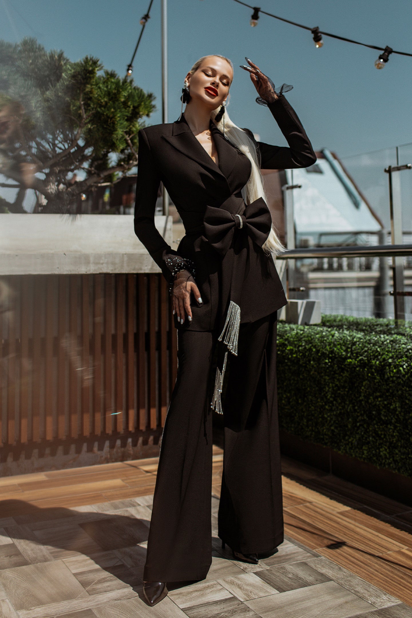 Black 2-Piece Formal Pantsuit Decorated With Rhinestones