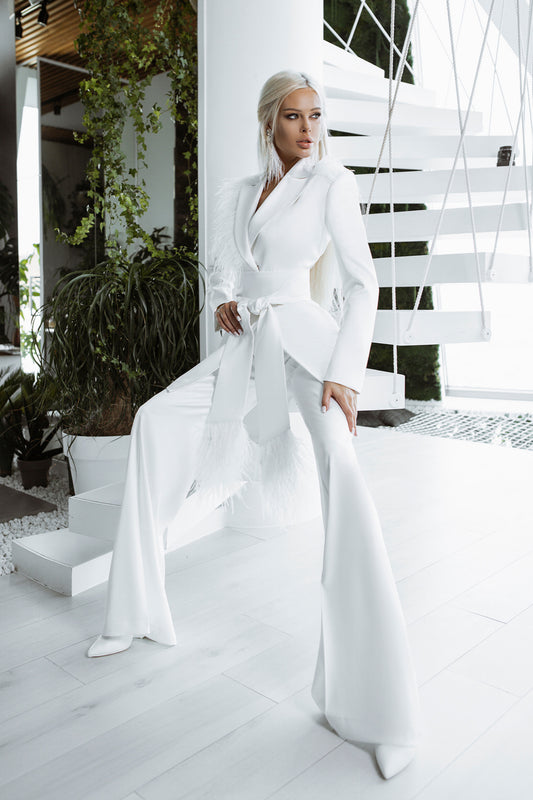 White Satin Oversized Pantsuit With Feathers.