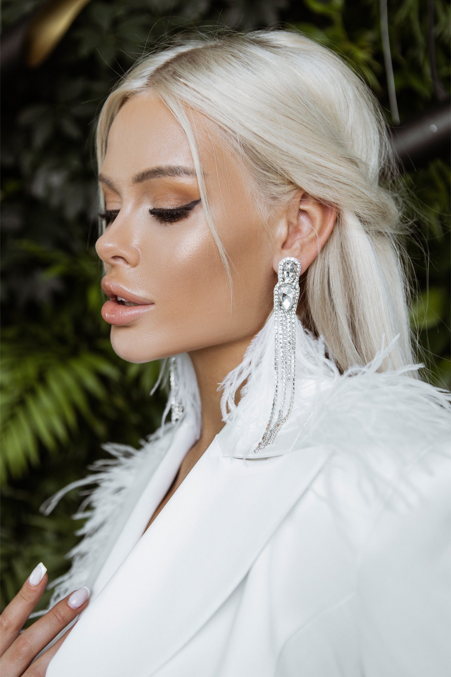White Satin Oversized Pantsuit With Feathers.