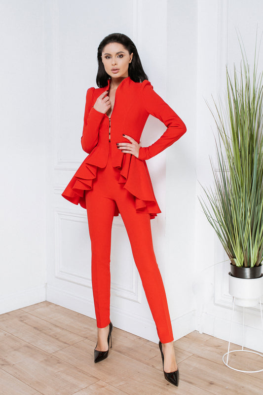 Red Peplum Pantsuit With Skinny Pants
