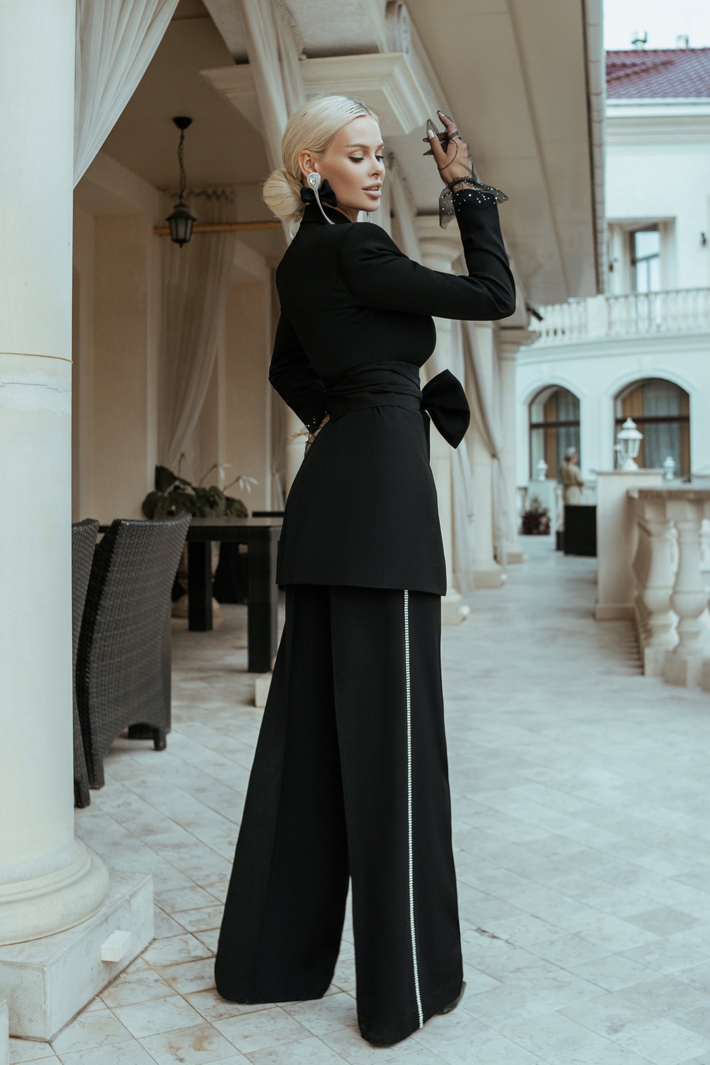 Black 2-Piece Formal Pantsuit Decorated With Rhinestones