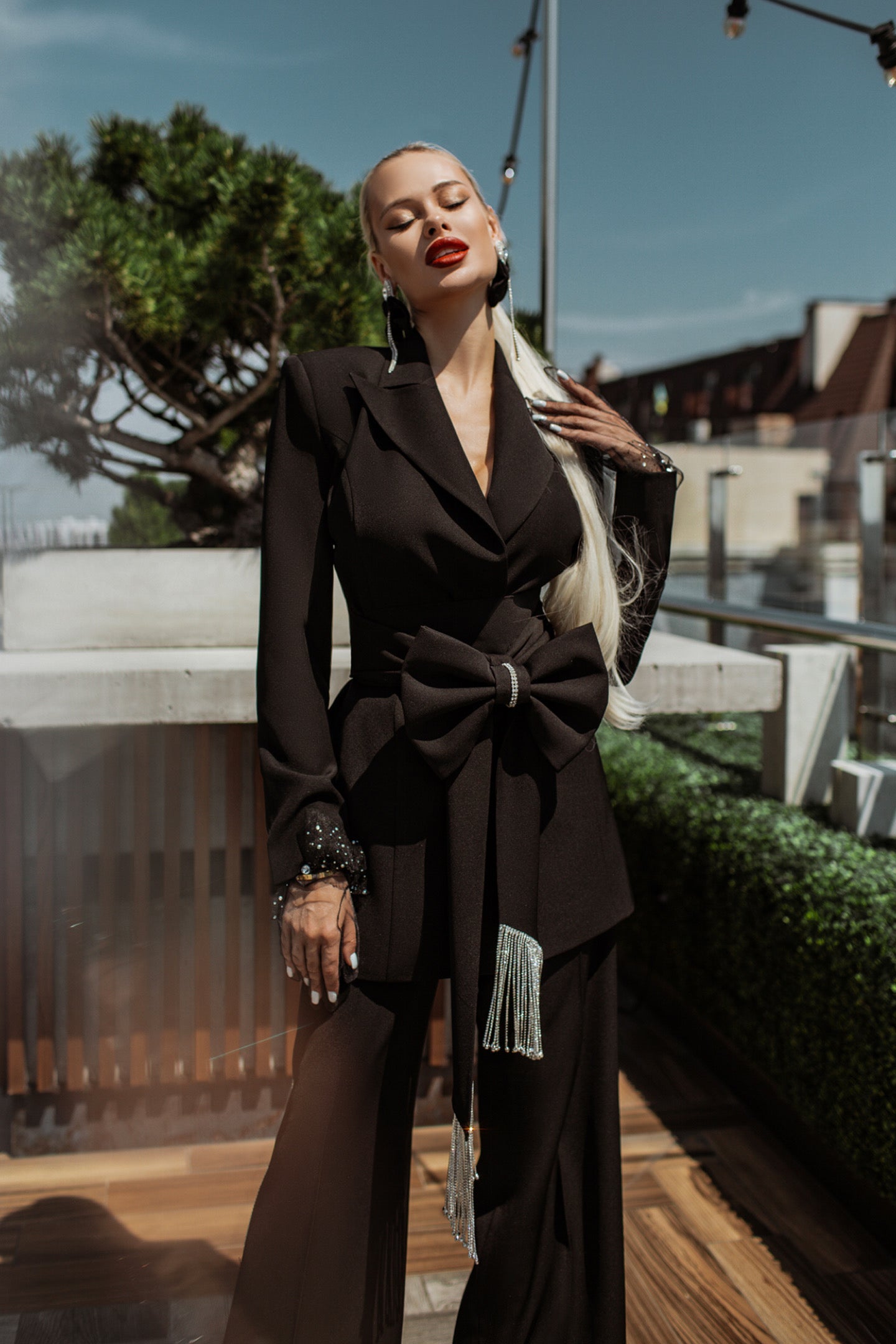 Black 2-Piece Formal Pantsuit Decorated With Rhinestones