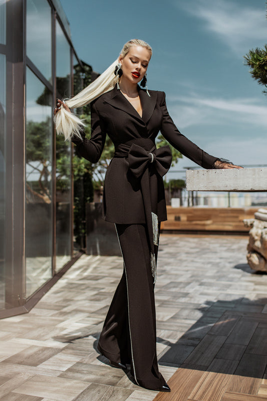 Black 2-Piece Formal Pantsuit Decorated With Rhinestones