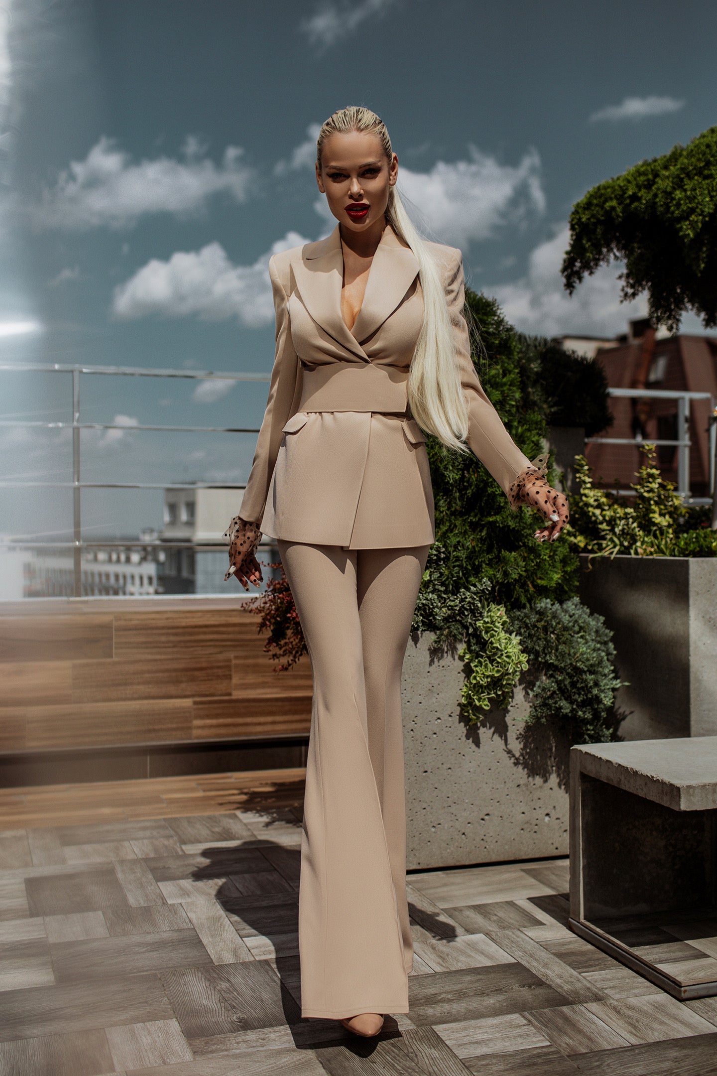 Beige 2-Piece Formal Flared Pantsuit