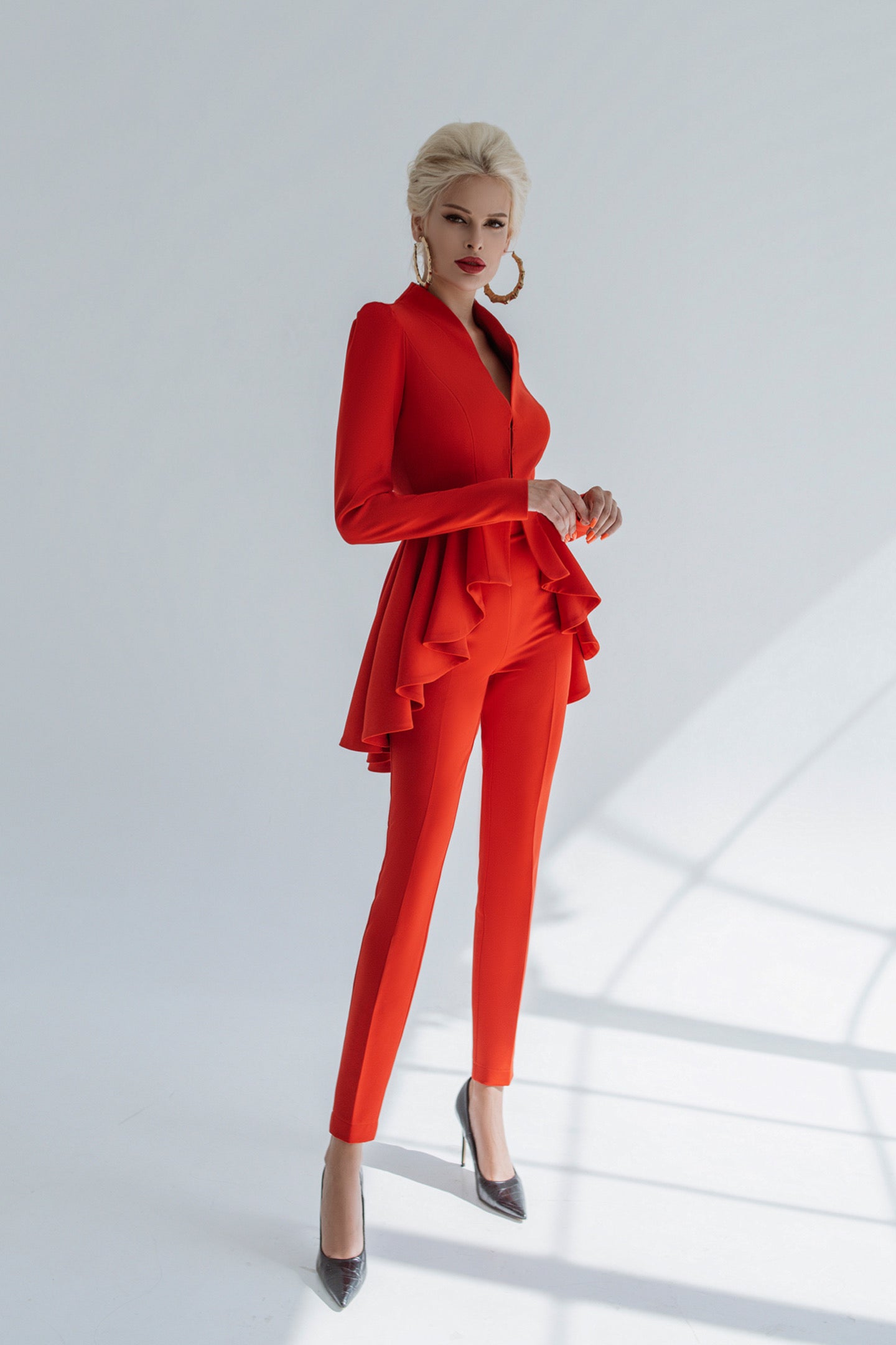 Red Pantsuit With Peplum Blazer for Women, Red Chic Pantsuit for