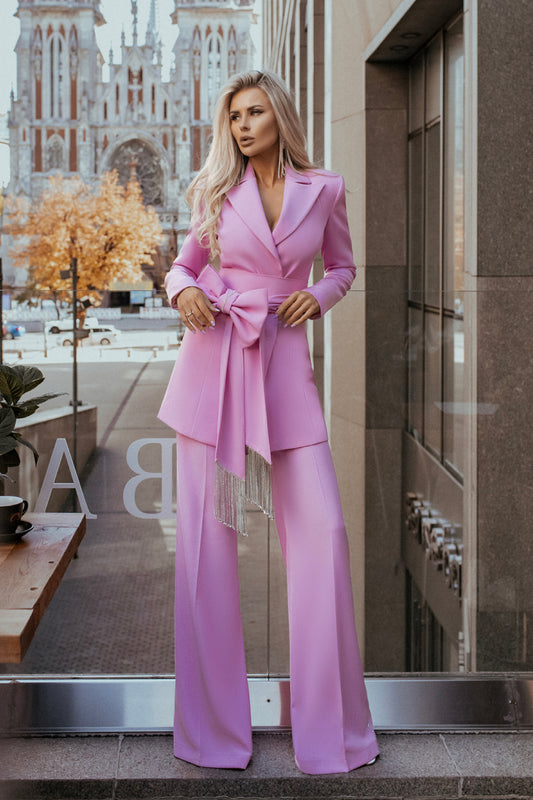 Pink 2-Piece Formal Pantsuit Decorated With Rhinestones