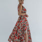 Gray With Red Rose Print Elegant Maxi Dress