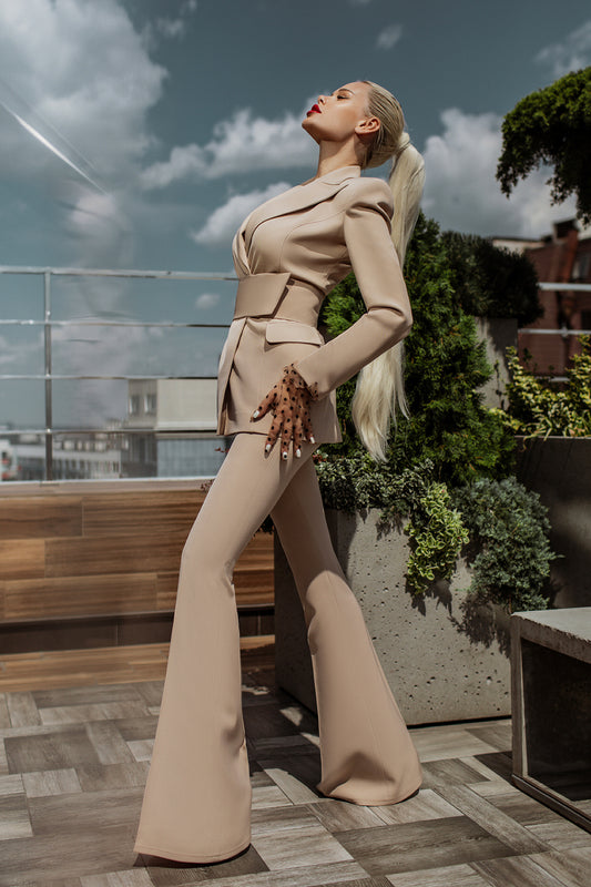 Beige 2-Piece Formal Flared Pantsuit
