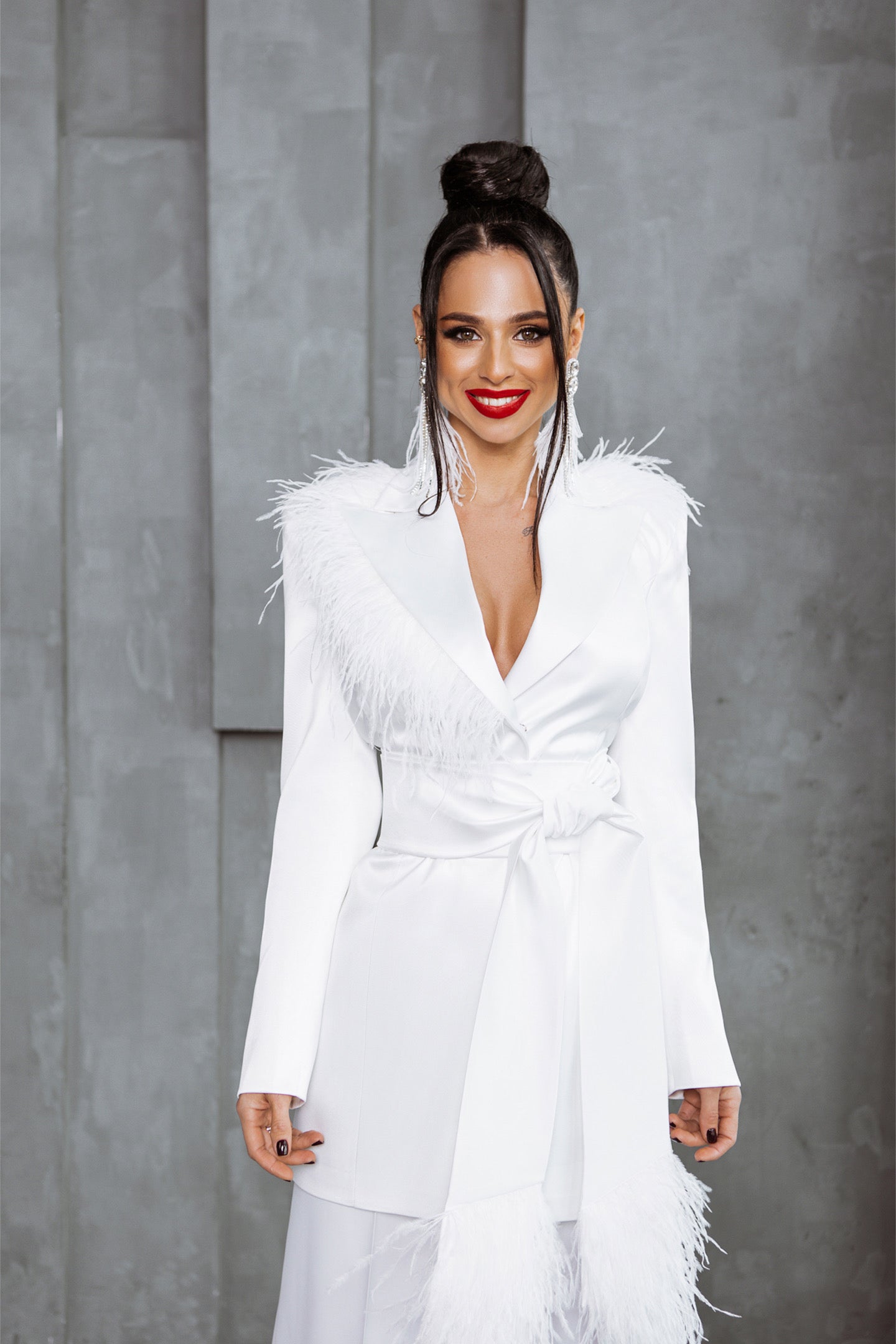 White Satin Oversized Pantsuit With Feathers.
