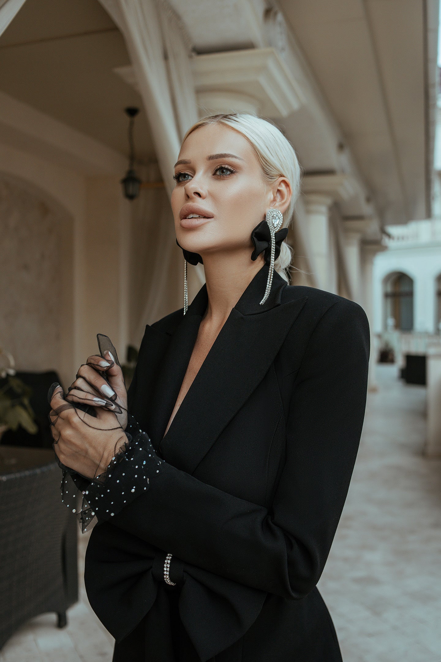 Black 2-Piece Formal Pantsuit Decorated With Rhinestones