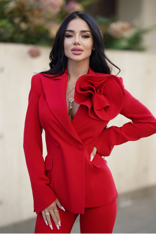 Red 2-Piece Formal Flared Pantsuit With Flower