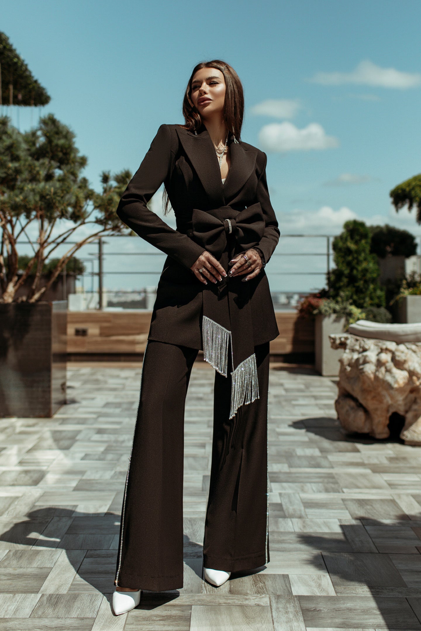 Black 2-Piece Formal Pantsuit Decorated With Rhinestones L With Crystals / Black / EE Black 2-Piece Formal Pantsuit Decorated With Rhinestones L With Crystals / Black / EE
