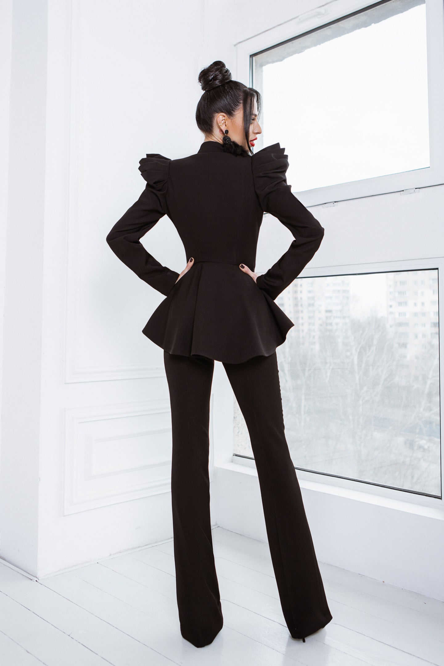 Black 2-Piece Peplum Formal Flared Pantsuit