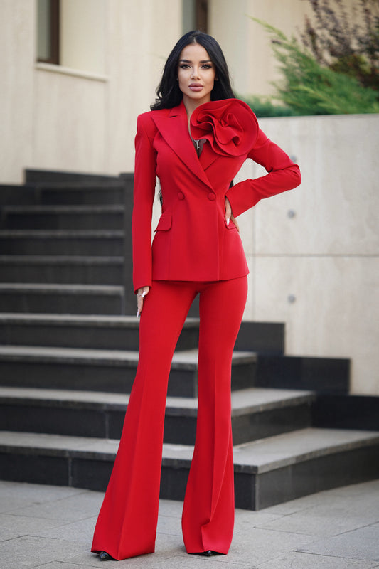 Red 2-Piece Formal Flared Pantsuit With Flower